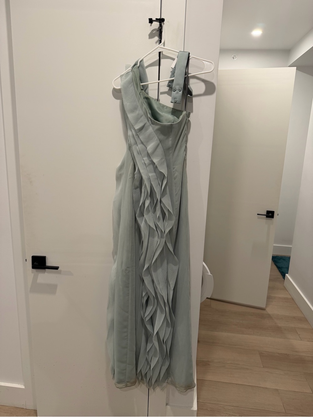 White by Vera Wang Sage Green One-Shoulder Ruffle Gown